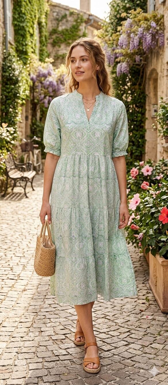 Tuckernuck Hibiscus Linens Cotton Green Floral Tiered Midi Dress NWT Large